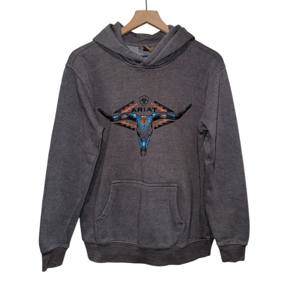 Ariat Hoodie Sweatshirt Boys XL Pullover Horns Southwestern Graphic Logo Gray